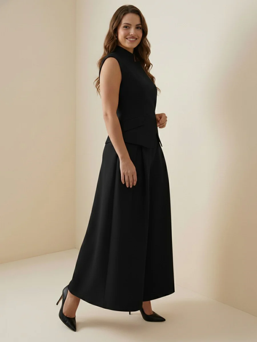 Elasticated Waist High Waisted Asymmetric Buttoned Solid Color Split-Joint Stand Collar Tank Top - Image 11