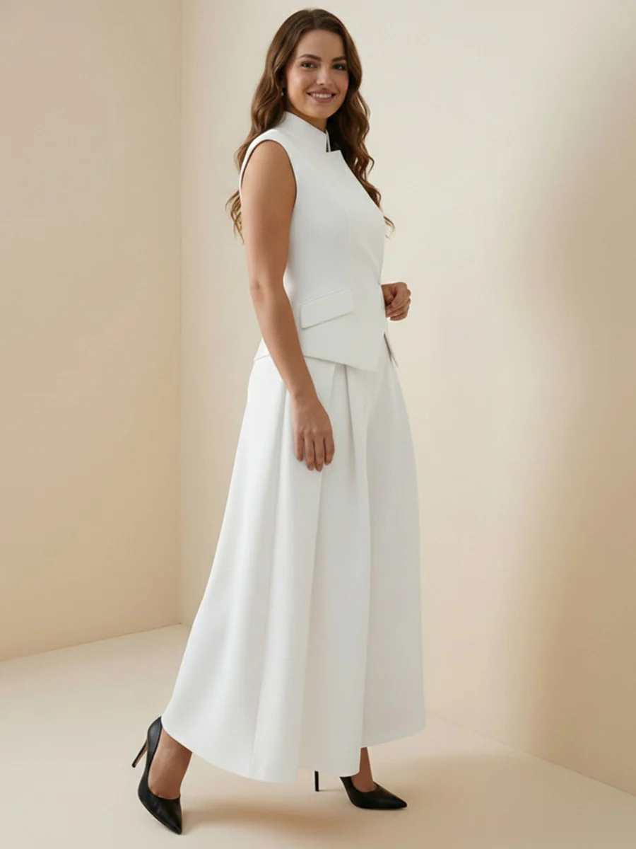 Elasticated Waist High Waisted Asymmetric Buttoned Solid Color Split-Joint Stand Collar Tank Top - Image 14