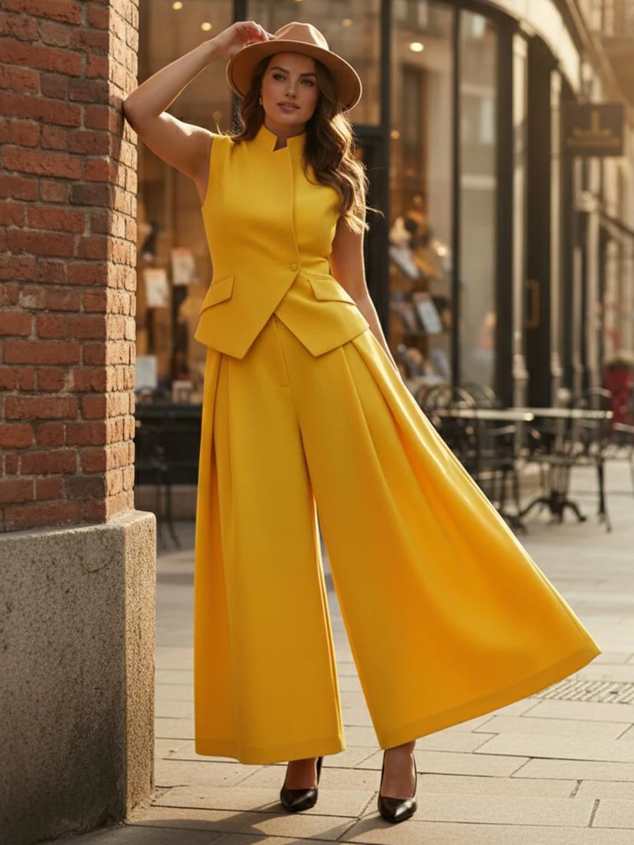 Elasticated Waist High Waisted Asymmetric Buttoned Solid Color Split-Joint Stand Collar Tank Top - Image 15