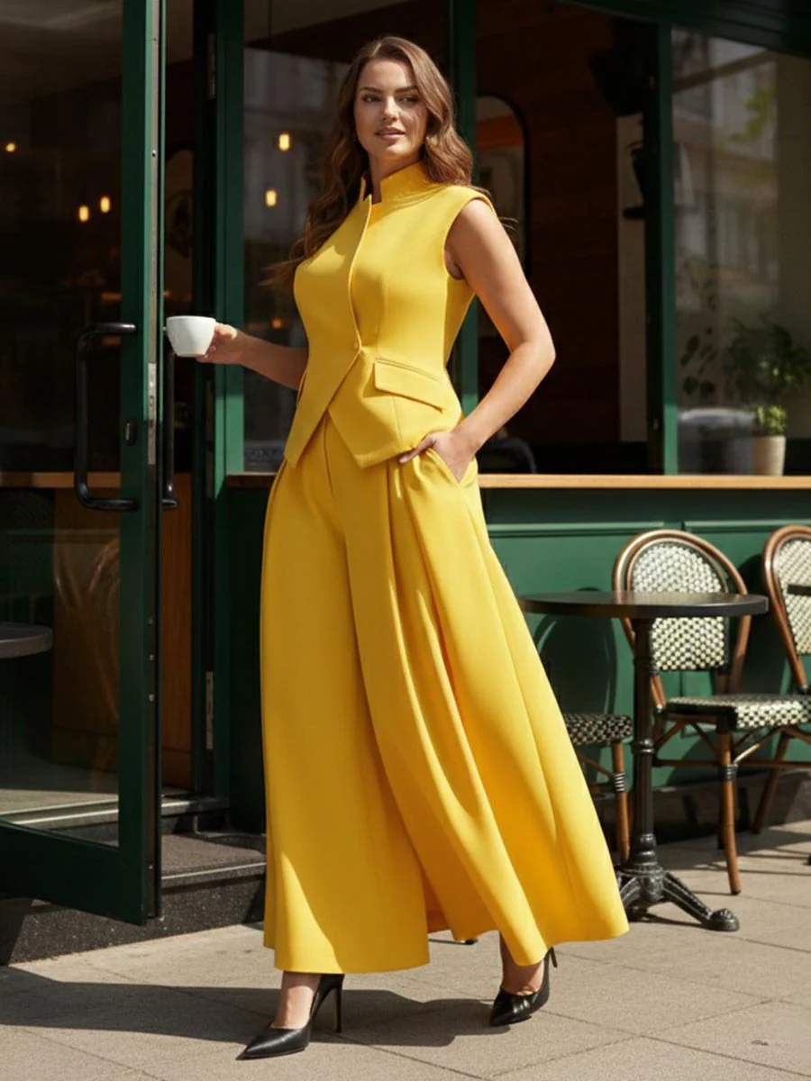 Elasticated Waist High Waisted Asymmetric Buttoned Solid Color Split-Joint Stand Collar Tank Top - Image 16