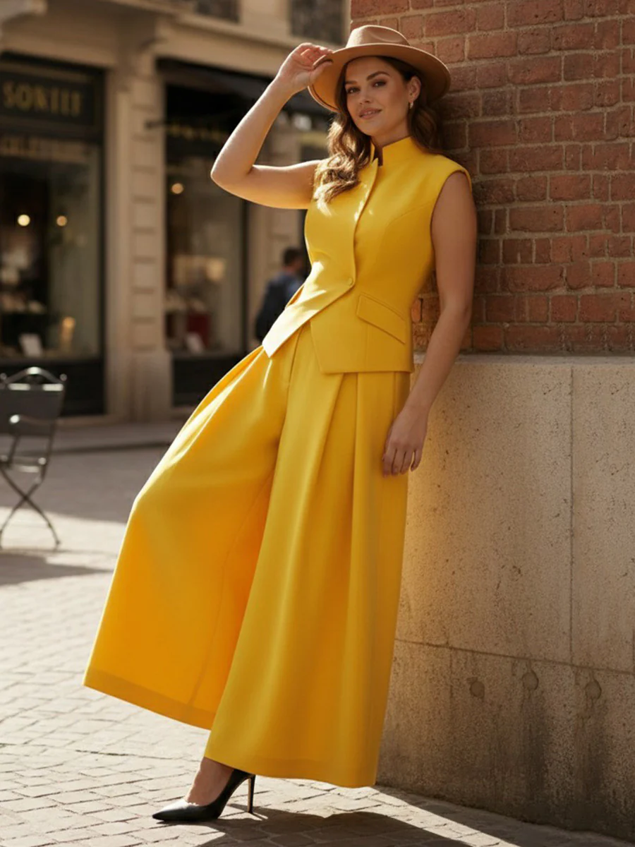 Elasticated Waist High Waisted Asymmetric Buttoned Solid Color Split-Joint Stand Collar Tank Top - Image 18