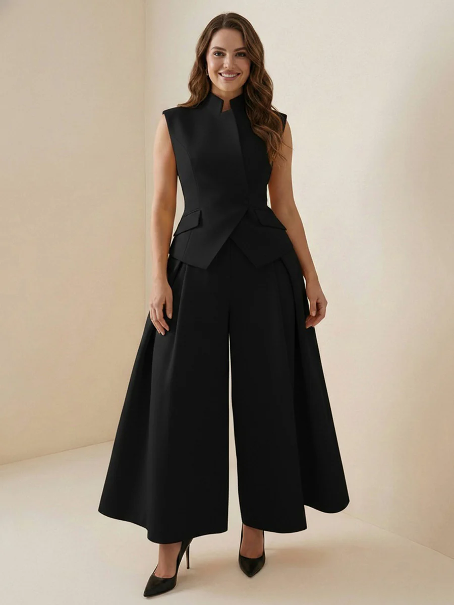 Elasticated Waist High Waisted Asymmetric Buttoned Solid Color Split-Joint Stand Collar Tank Top - Image 8