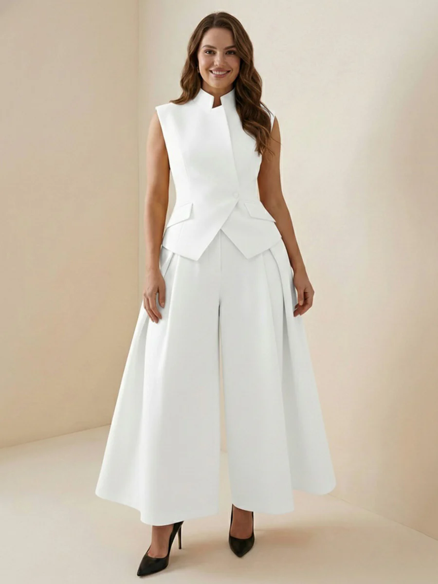 Elasticated Waist High Waisted Asymmetric Buttoned Solid Color Split-Joint Stand Collar Tank Top - Image 9
