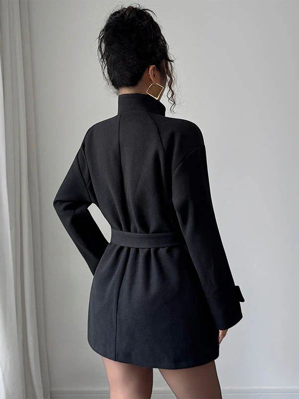 Elasticated Waist High Waisted Asymmetric Buttoned Solid Color Tied Waist Stand Collar Outerwear - Image 10