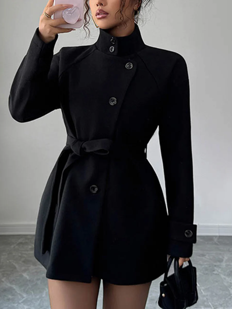 Elasticated Waist High Waisted Asymmetric Buttoned Solid Color Tied Waist Stand Collar Outerwear - Image 2