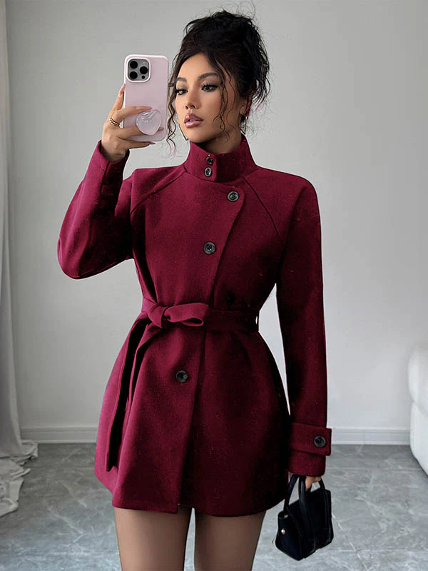 Elasticated Waist High Waisted Asymmetric Buttoned Solid Color Tied Waist Stand Collar Outerwear - Image 3