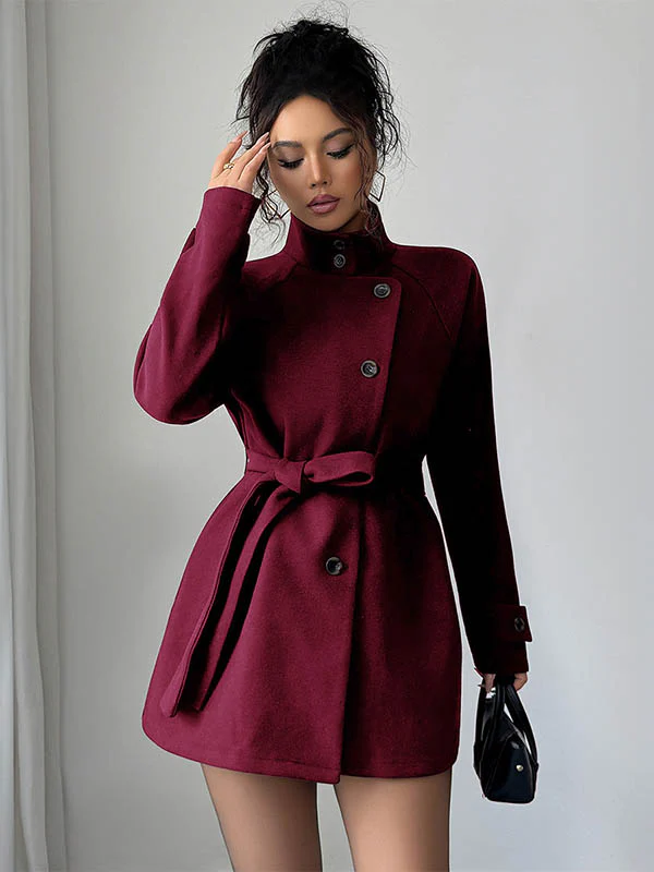 Elasticated Waist High Waisted Asymmetric Buttoned Solid Color Tied Waist Stand Collar Outerwear - Image 4