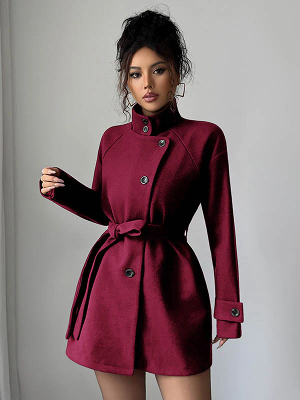Elasticated Waist High Waisted Asymmetric Buttoned Solid Color Tied Waist Stand Collar Outerwear - Image 5