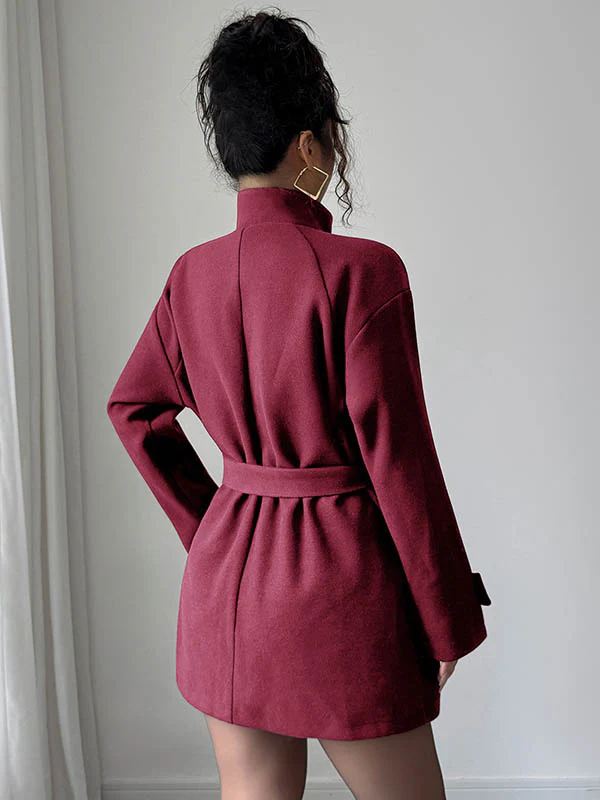 Elasticated Waist High Waisted Asymmetric Buttoned Solid Color Tied Waist Stand Collar Outerwear - Image 6