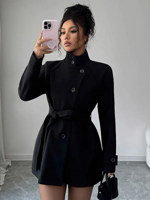 Elasticated Waist High Waisted Asymmetric Buttoned Solid Color Tied Waist Stand Collar Outerwear - Image 7
