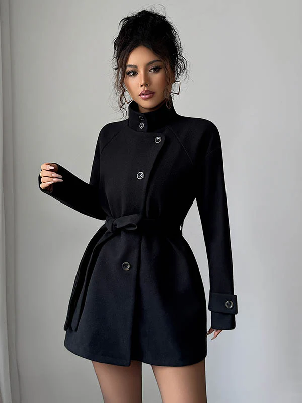 Elasticated Waist High Waisted Asymmetric Buttoned Solid Color Tied Waist Stand Collar Outerwear - Image 8