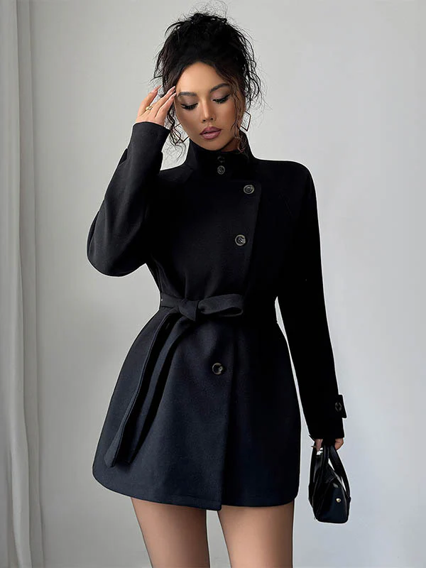 Elasticated Waist High Waisted Asymmetric Buttoned Solid Color Tied Waist Stand Collar Outerwear - Image 9