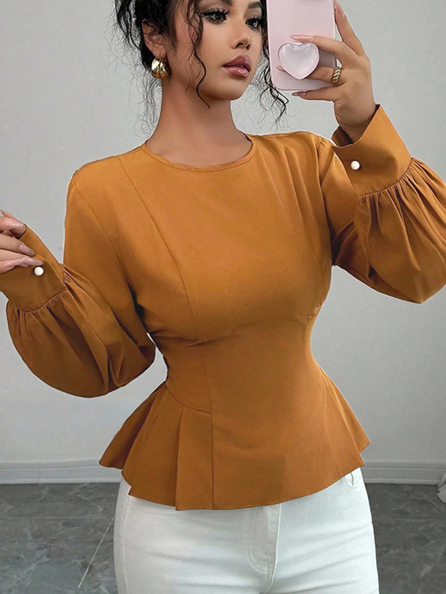 Elasticated Waist High Waisted Asymmetric Pleated Ruffled Solid Color Round-Neck Blouses&Shirts Tops - Image 2