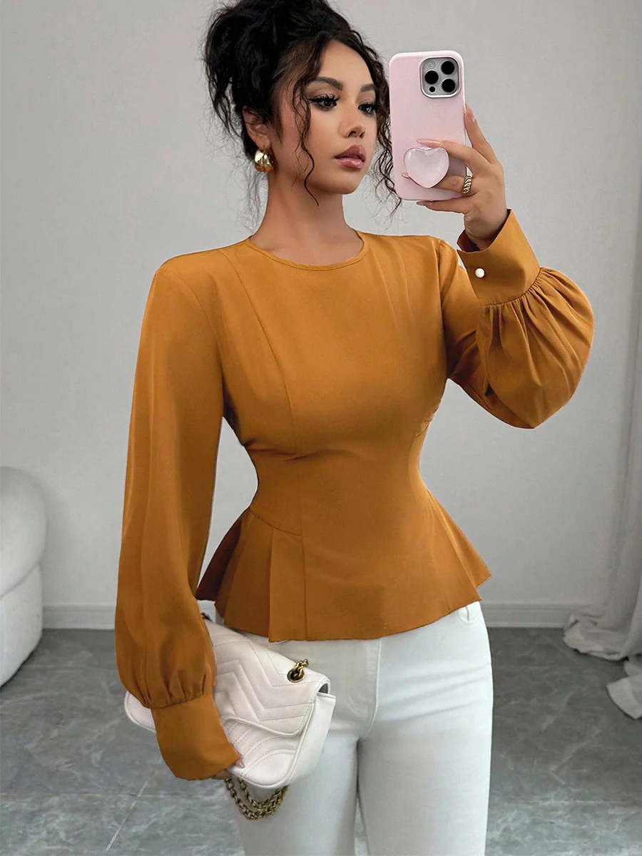Elasticated Waist High Waisted Asymmetric Pleated Ruffled Solid Color Round-Neck Blouses&Shirts Tops - Image 3
