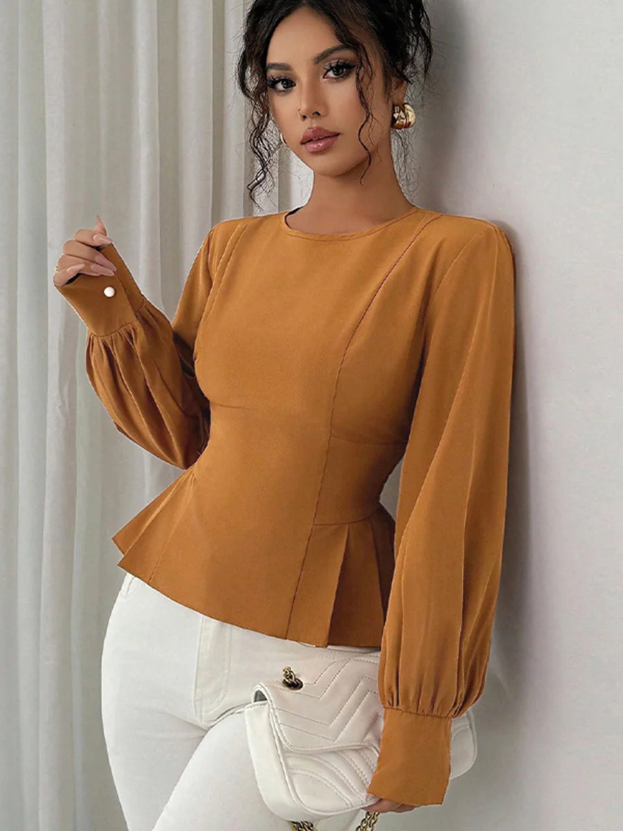 Elasticated Waist High Waisted Asymmetric Pleated Ruffled Solid Color Round-Neck Blouses&Shirts Tops - Image 5