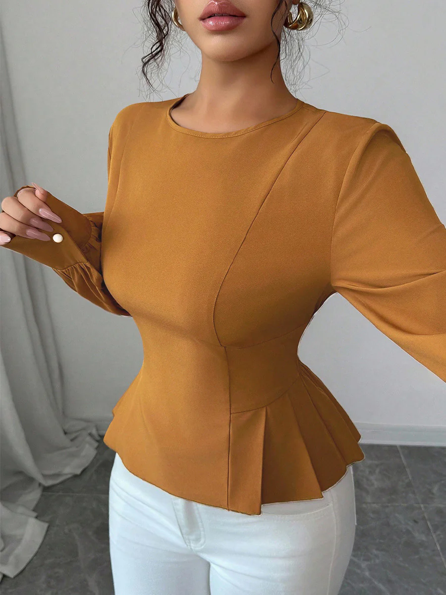 Elasticated Waist High Waisted Asymmetric Pleated Ruffled Solid Color Round-Neck Blouses&Shirts Tops - Image 6