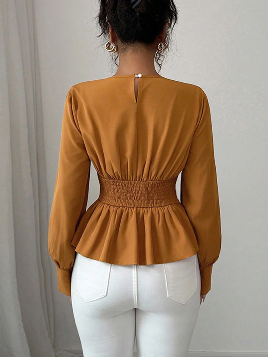 Elasticated Waist High Waisted Asymmetric Pleated Ruffled Solid Color Round-Neck Blouses&Shirts Tops - Image 7