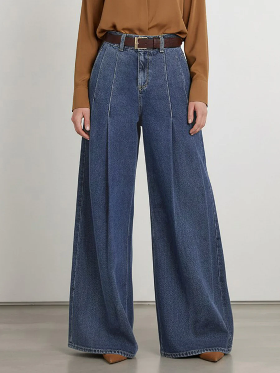 Elasticated Waist High Waisted Belted Pleated Pockets Solid Color Split-Joint Pants - Image 2