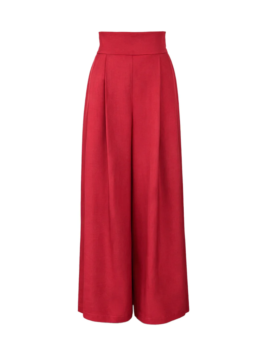 Elasticated Waist High Waisted Big Hemline Pleated Pockets Solid Color Zipper Wide Leg Pants - Image 10