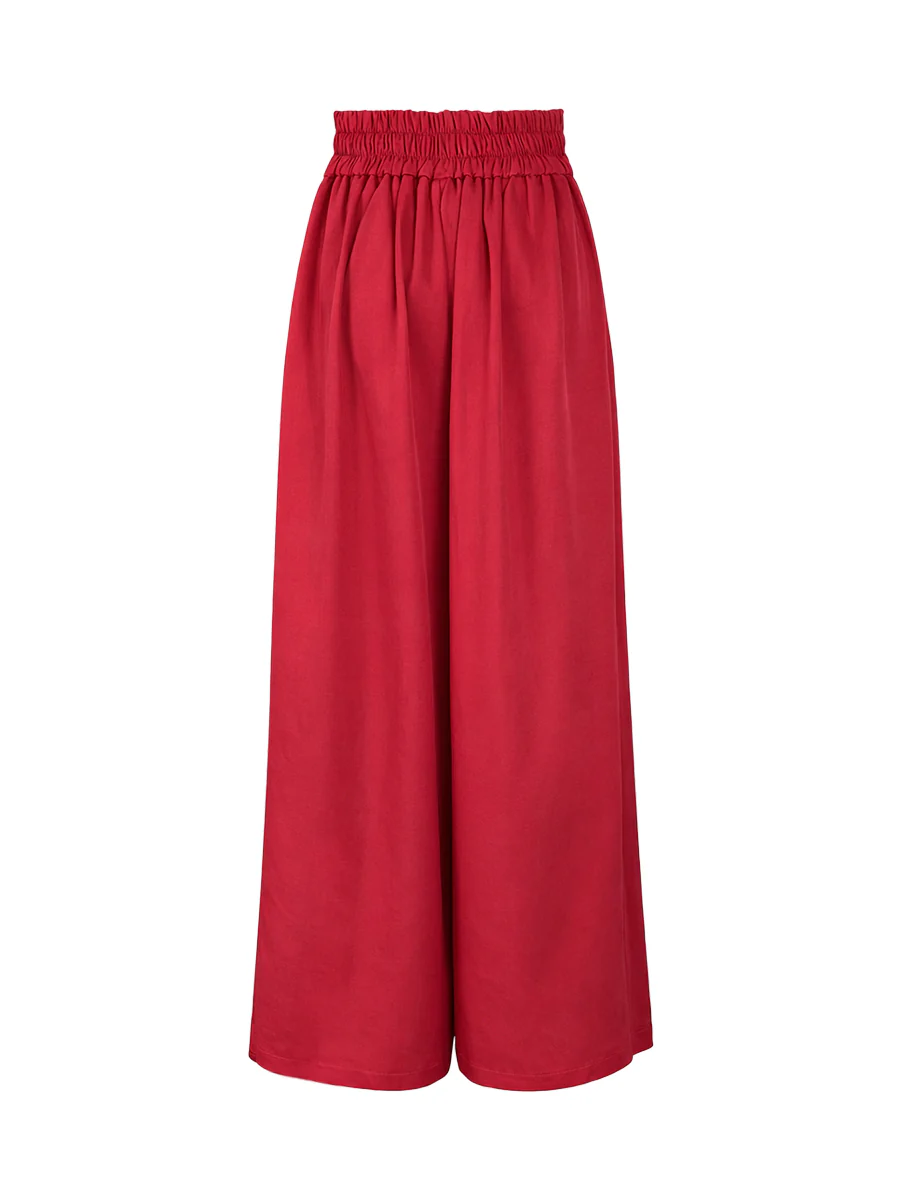 Elasticated Waist High Waisted Big Hemline Pleated Pockets Solid Color Zipper Wide Leg Pants - Image 9