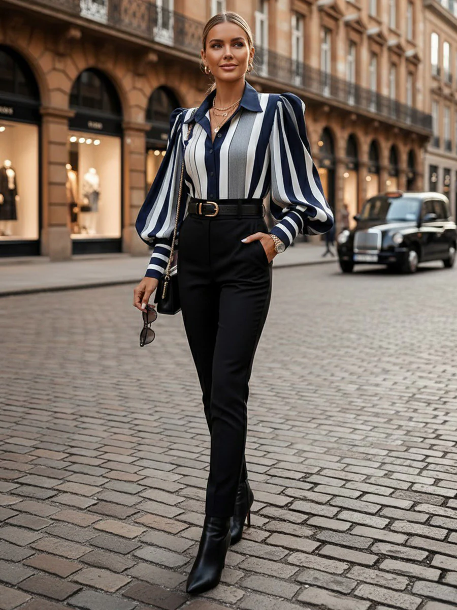 Elasticated Waist High Waisted Belted Bow-Embellished Buttoned Contrast Color Split-Joint Striped Lapel Blouses&Shirts Tops - Image 4