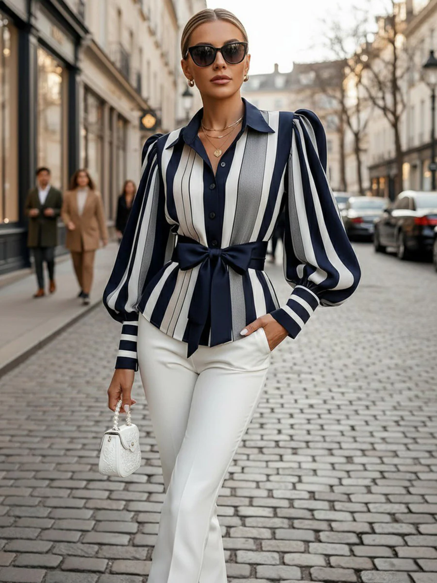 Elasticated Waist High Waisted Belted Bow-Embellished Buttoned Contrast Color Split-Joint Striped Lapel Blouses&Shirts Tops - Image 5