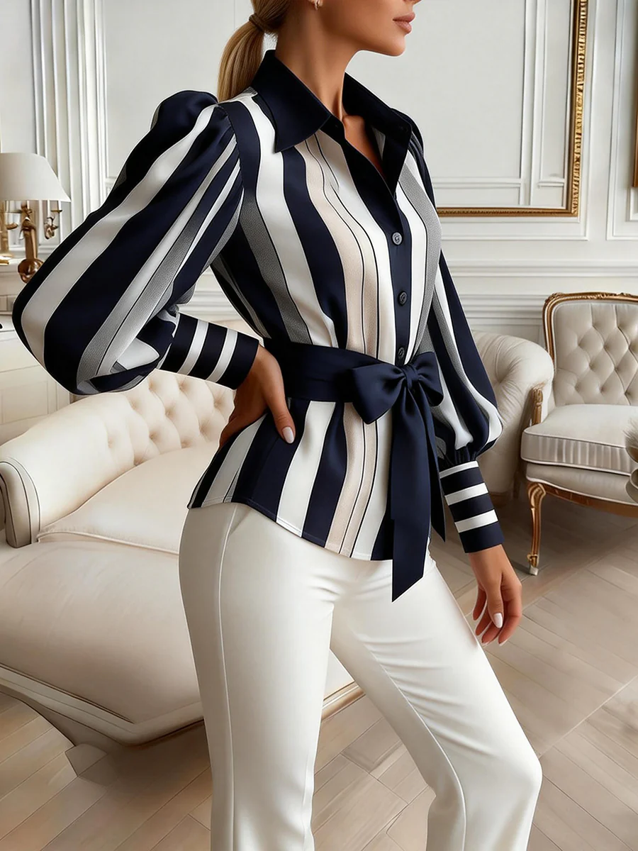 Elasticated Waist High Waisted Belted Bow-Embellished Buttoned Contrast Color Split-Joint Striped Lapel Blouses&Shirts Tops - Image 9