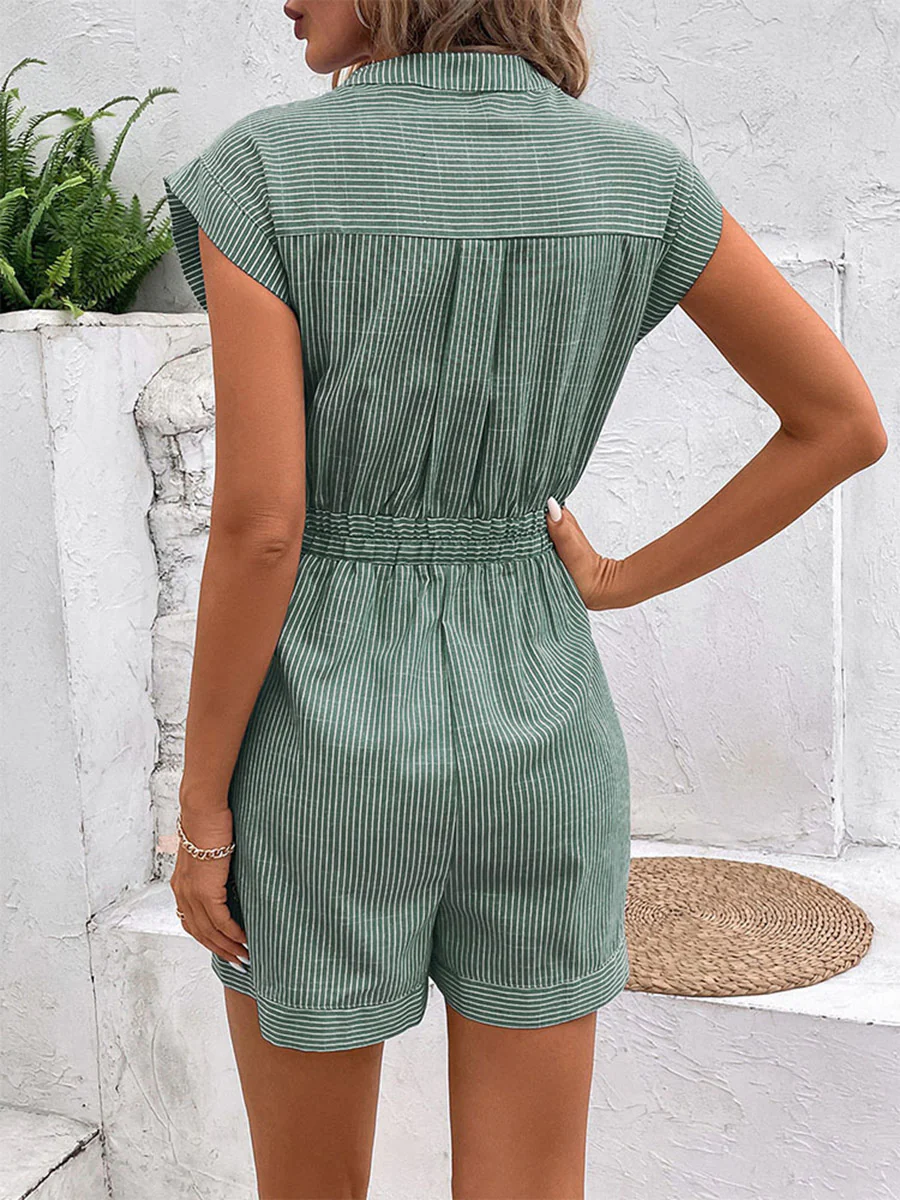 Elasticated Waist High Waisted Buttoned Contrast Color Pockets Split-Joint Striped Tied Waist V-Neck Rompers - Image 11