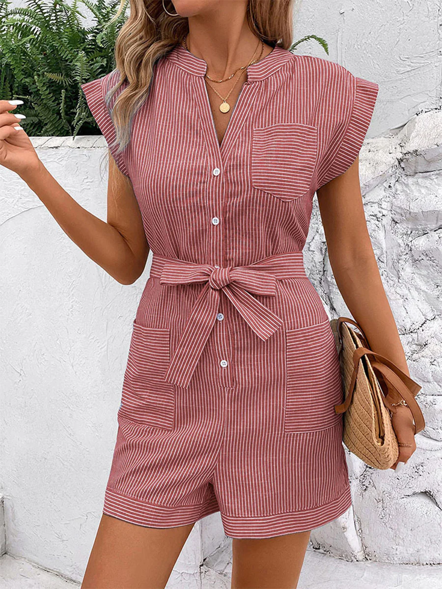 Elasticated Waist High Waisted Buttoned Contrast Color Pockets Split-Joint Striped Tied Waist V-Neck Rompers - Image 6