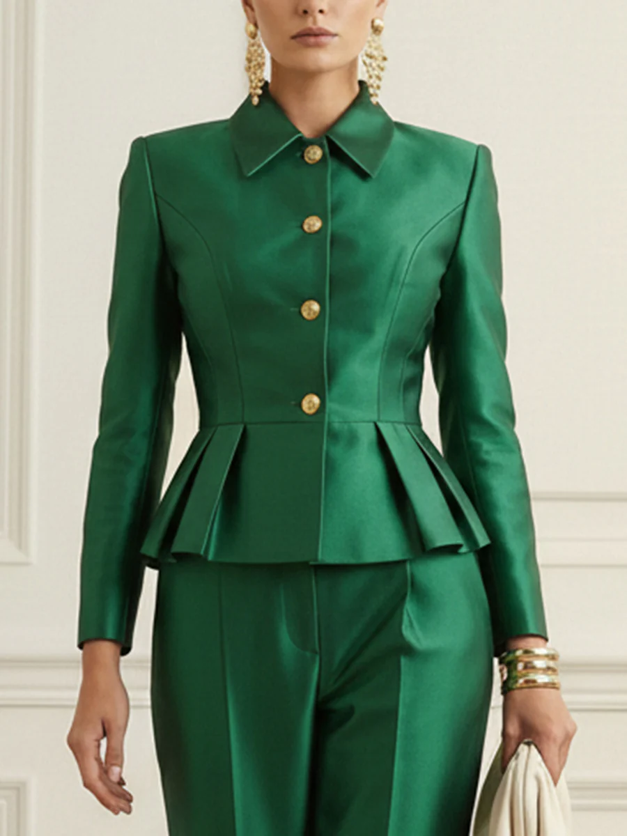 Elasticated Waist High Waisted Buttoned Contrast Color Ruffled Split-Joint Lapel Blazer Blouses&Shirts Tops - Image 3