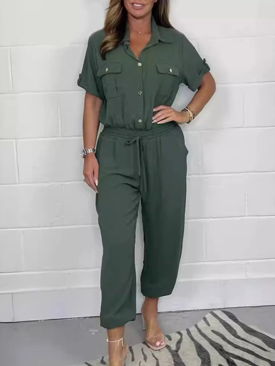 Elasticated Waist High Waisted Buttoned Drawstring Pockets Solid Color Split-Joint Lapel Jumpsuits - Image 2
