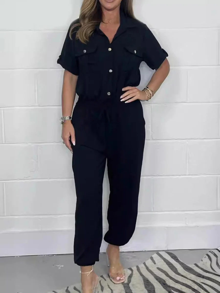 Elasticated Waist High Waisted Buttoned Drawstring Pockets Solid Color Split-Joint Lapel Jumpsuits - Image 4