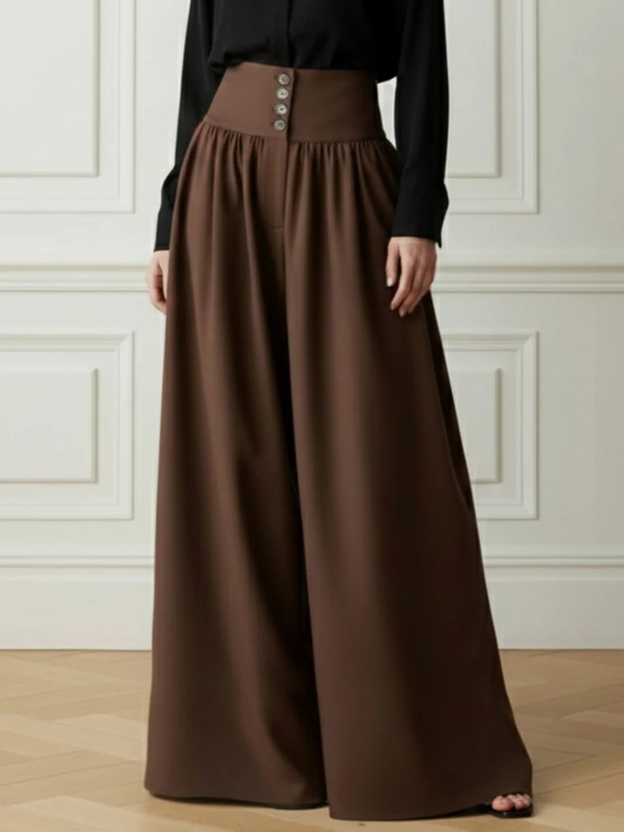 Elasticated Waist High Waisted Buttoned Pleated Pockets Solid Color Split-Joint Pants - Image 2
