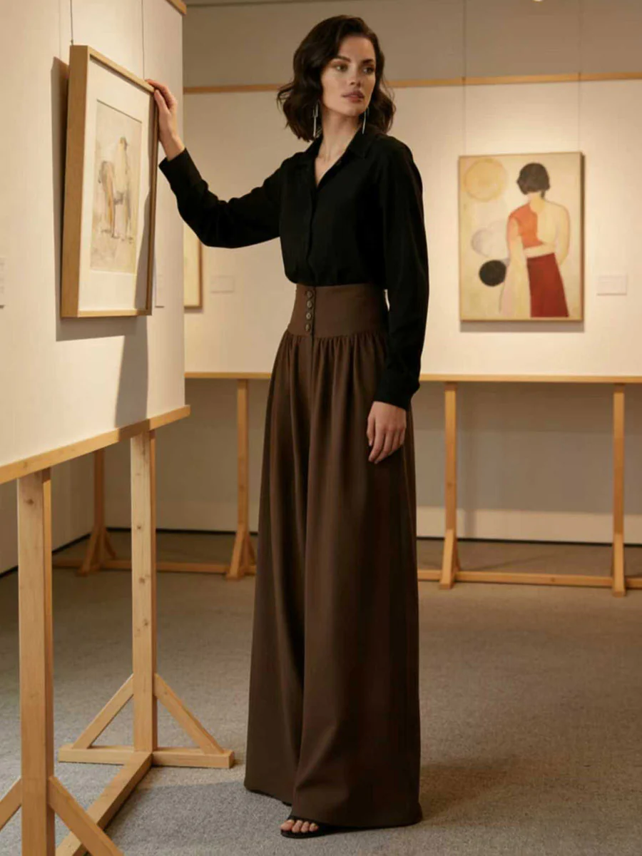 Elasticated Waist High Waisted Buttoned Pleated Pockets Solid Color Split-Joint Pants - Image 3
