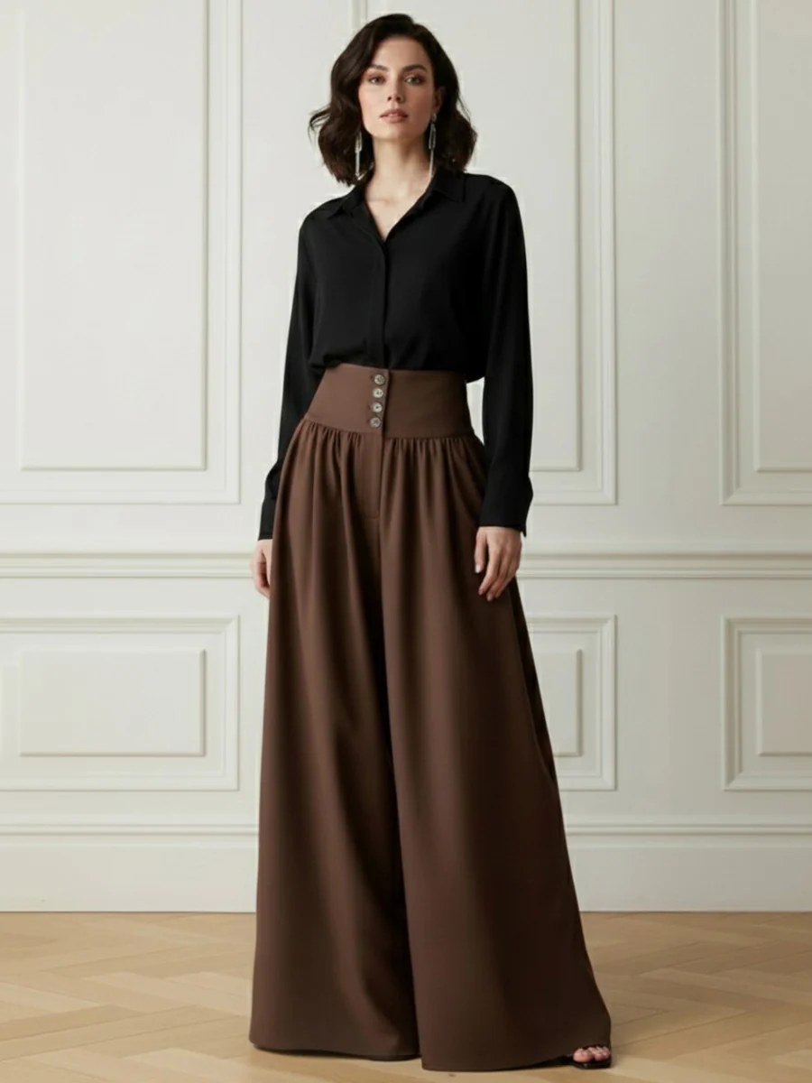 Elasticated Waist High Waisted Buttoned Pleated Pockets Solid Color Split-Joint Pants - Image 4