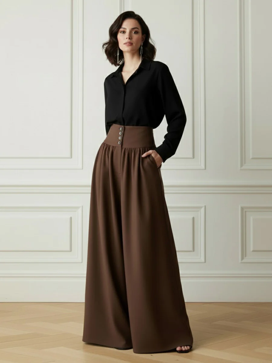 Elasticated Waist High Waisted Buttoned Pleated Pockets Solid Color Split-Joint Pants - Image 5