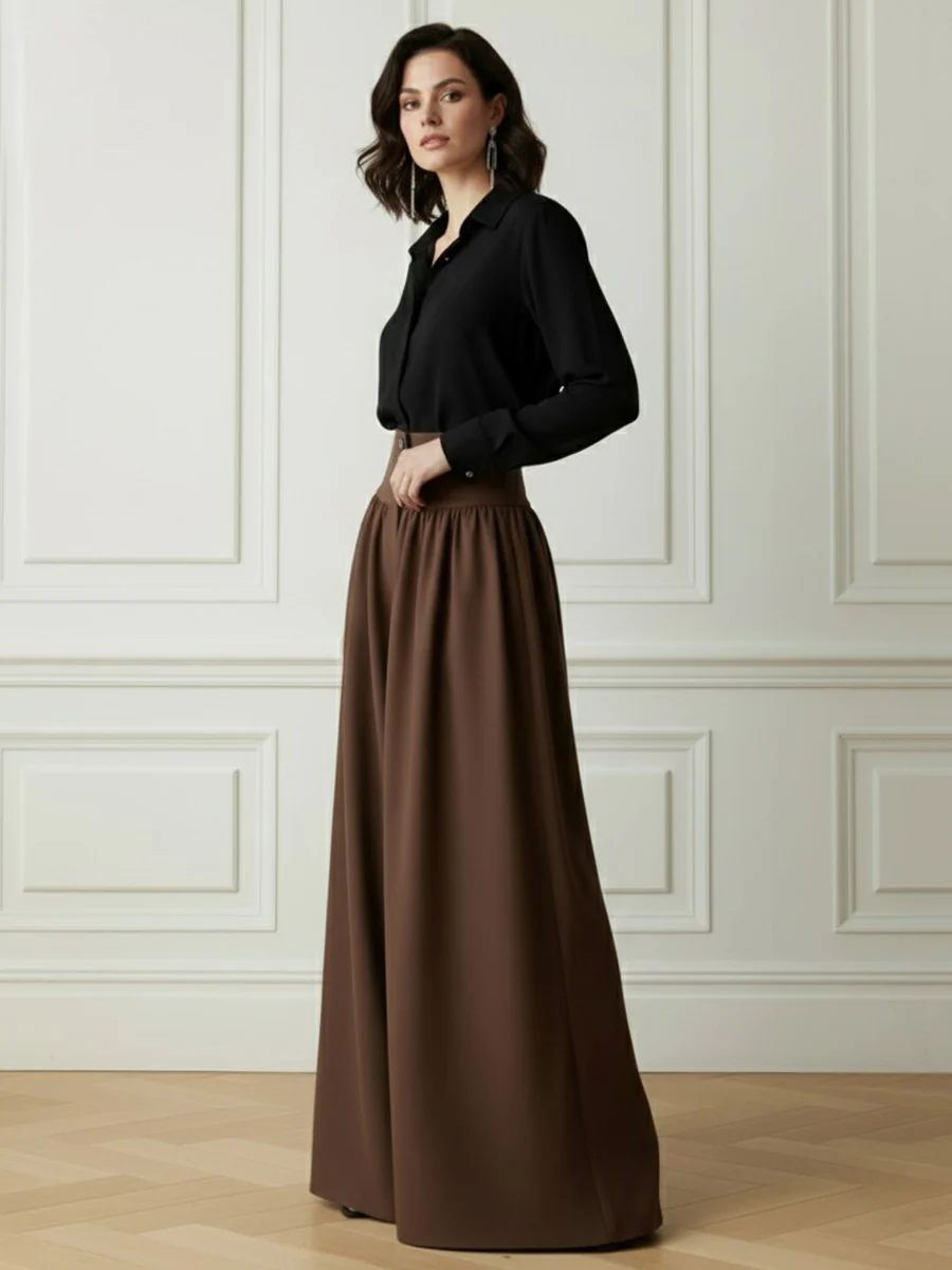 Elasticated Waist High Waisted Buttoned Pleated Pockets Solid Color Split-Joint Pants - Image 6