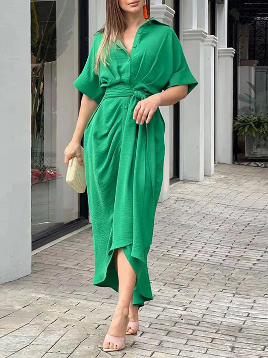Elasticated Waist High Waisted Buttoned Pleated Solid Color Split-Joint Tied Waist Lapel Maxi Dresses Shirt Dress - Image 10