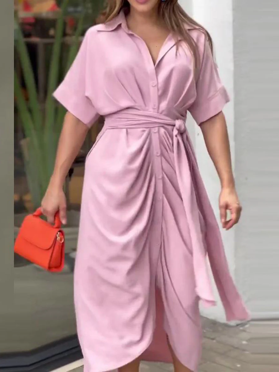 Elasticated Waist High Waisted Buttoned Pleated Solid Color Split-Joint Tied Waist Lapel Maxi Dresses Shirt Dress - Image 11