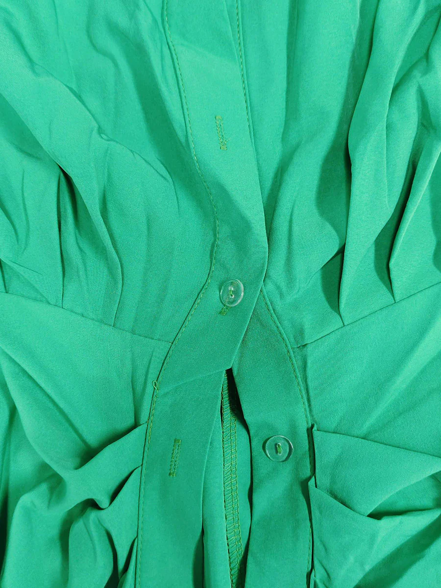Elasticated Waist High Waisted Buttoned Pleated Solid Color Split-Joint Tied Waist Lapel Maxi Dresses Shirt Dress - Image 12