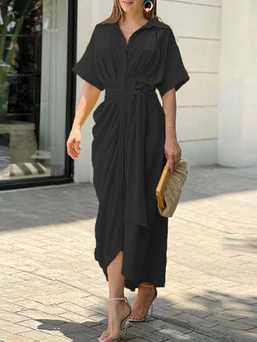Elasticated Waist High Waisted Buttoned Pleated Solid Color Split-Joint Tied Waist Lapel Maxi Dresses Shirt Dress - Image 2