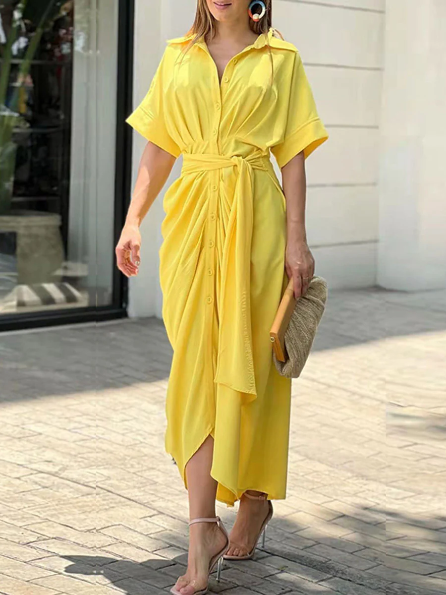Elasticated Waist High Waisted Buttoned Pleated Solid Color Split-Joint Tied Waist Lapel Maxi Dresses Shirt Dress - Image 3