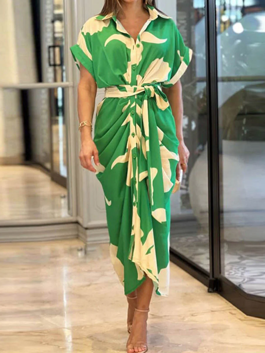 Elasticated Waist High Waisted Buttoned Pleated Solid Color Split-Joint Tied Waist Lapel Maxi Dresses Shirt Dress - Image 4