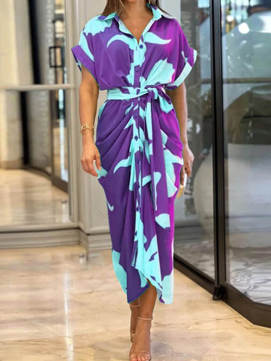 Elasticated Waist High Waisted Buttoned Pleated Solid Color Split-Joint Tied Waist Lapel Maxi Dresses Shirt Dress - Image 5
