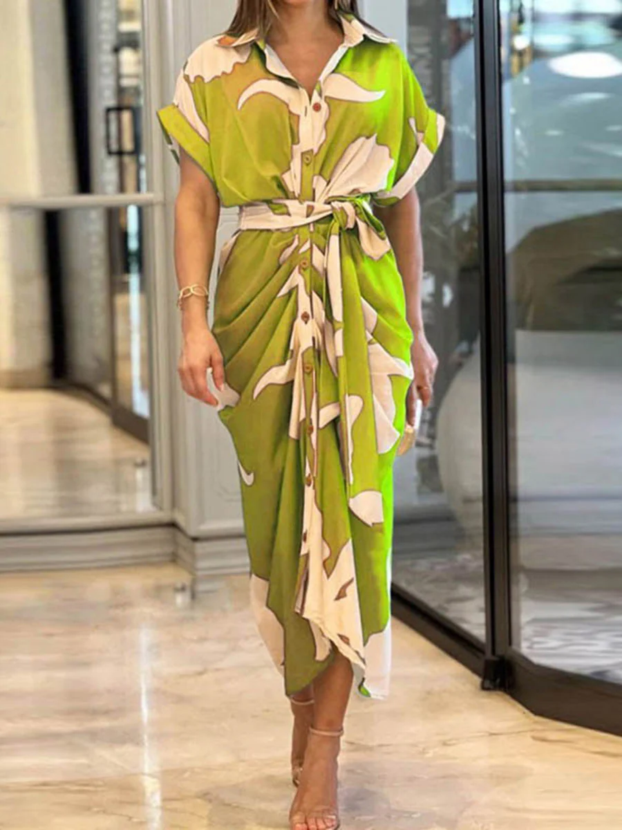 Elasticated Waist High Waisted Buttoned Pleated Solid Color Split-Joint Tied Waist Lapel Maxi Dresses Shirt Dress - Image 6