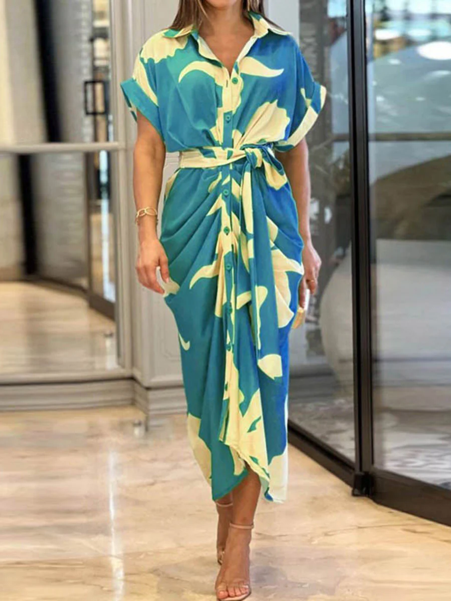 Elasticated Waist High Waisted Buttoned Pleated Solid Color Split-Joint Tied Waist Lapel Maxi Dresses Shirt Dress - Image 7