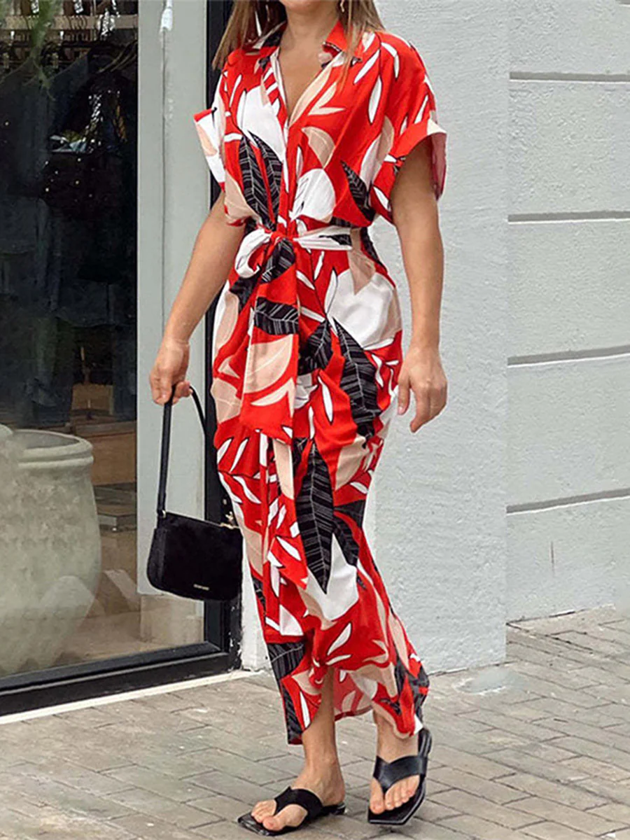 Elasticated Waist High Waisted Buttoned Pleated Solid Color Split-Joint Tied Waist Lapel Maxi Dresses Shirt Dress - Image 8