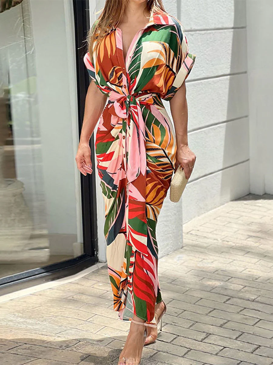 Elasticated Waist High Waisted Buttoned Pleated Solid Color Split-Joint Tied Waist Lapel Maxi Dresses Shirt Dress - Image 9