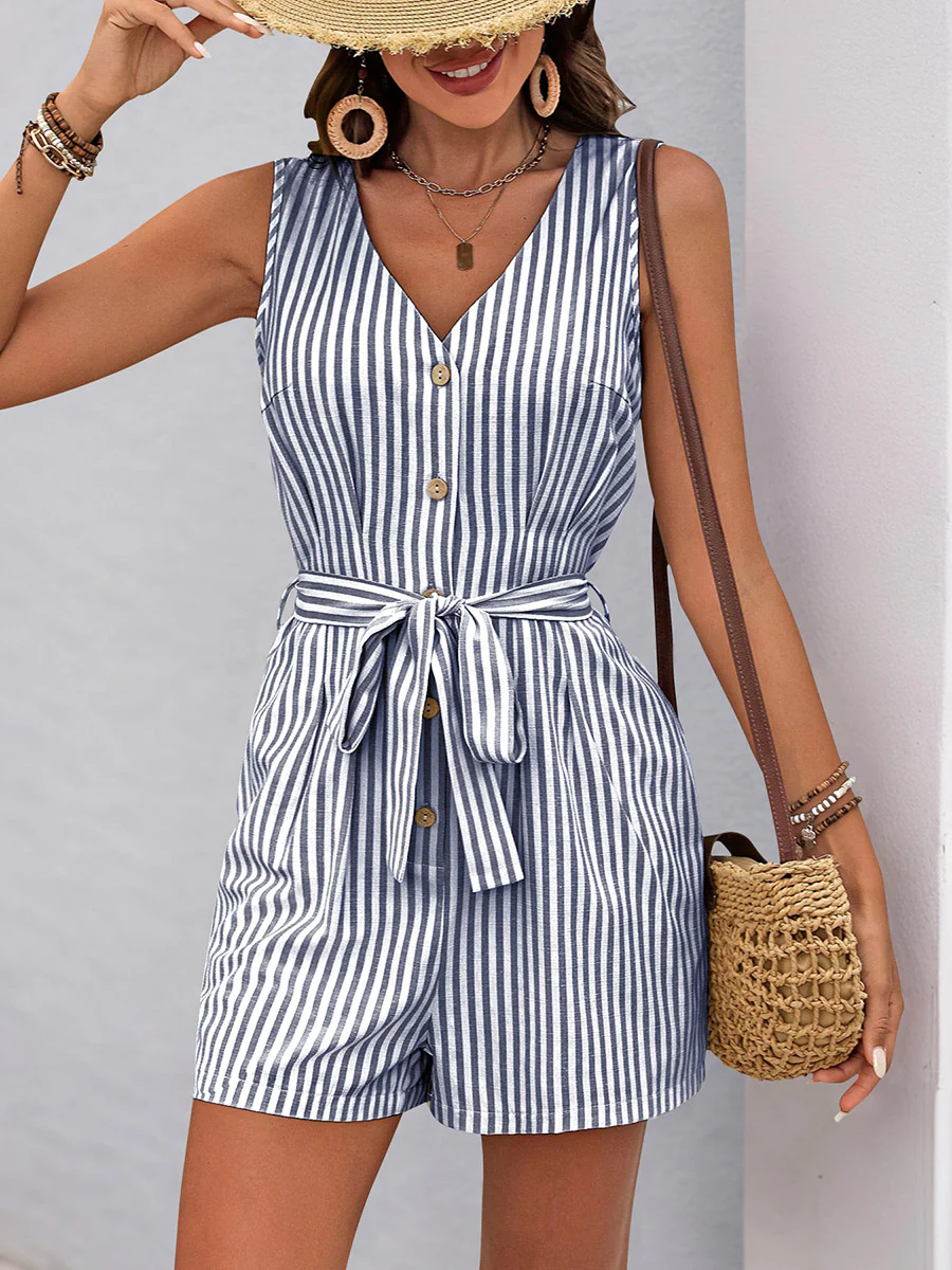 Elasticated Waist High Waisted Buttoned Pockets Striped Tied Waist V-Neck Rompers - Image 11