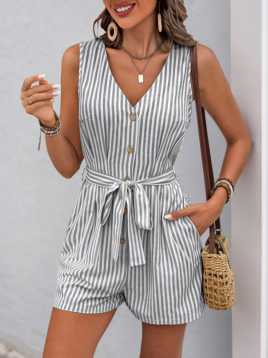 Elasticated Waist High Waisted Buttoned Pockets Striped Tied Waist V-Neck Rompers - Image 12